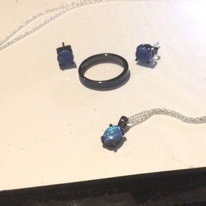 Sterling Silver Black Rhodium Blue Opal ring, Necklace, Earring Set